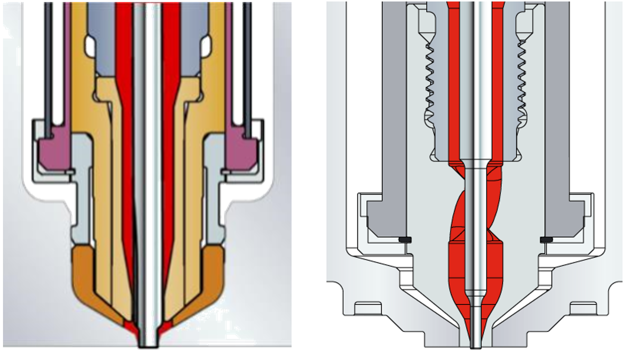 The nozzle at the left shows an assembly where the gate bubble is consumed by a tip insulator (brown).  The nozzle at the right nullifies the gate bubble by participating as part of the cavity geometry.